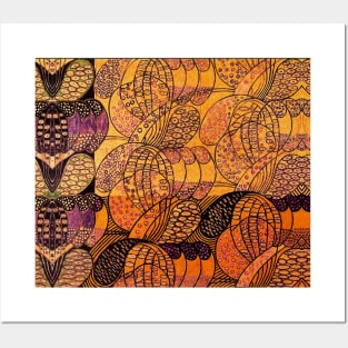 ABSTRACT FLORAL SWIRLS IN GOLD YELLOW ORANGE PURPLE Art Nouveau Posters and Art